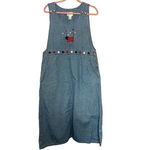 Christopher & Banks Women's Large Patriotic Denim Dress‎ Jumper Flags Stars Vtg